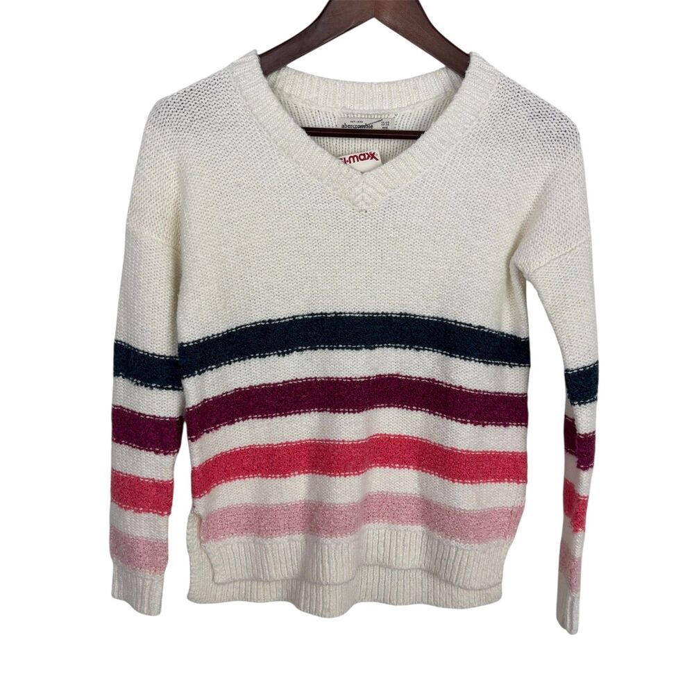 NWT Abercrombie Knit V-Neck Sweater Striped Pink Girls 11/12
